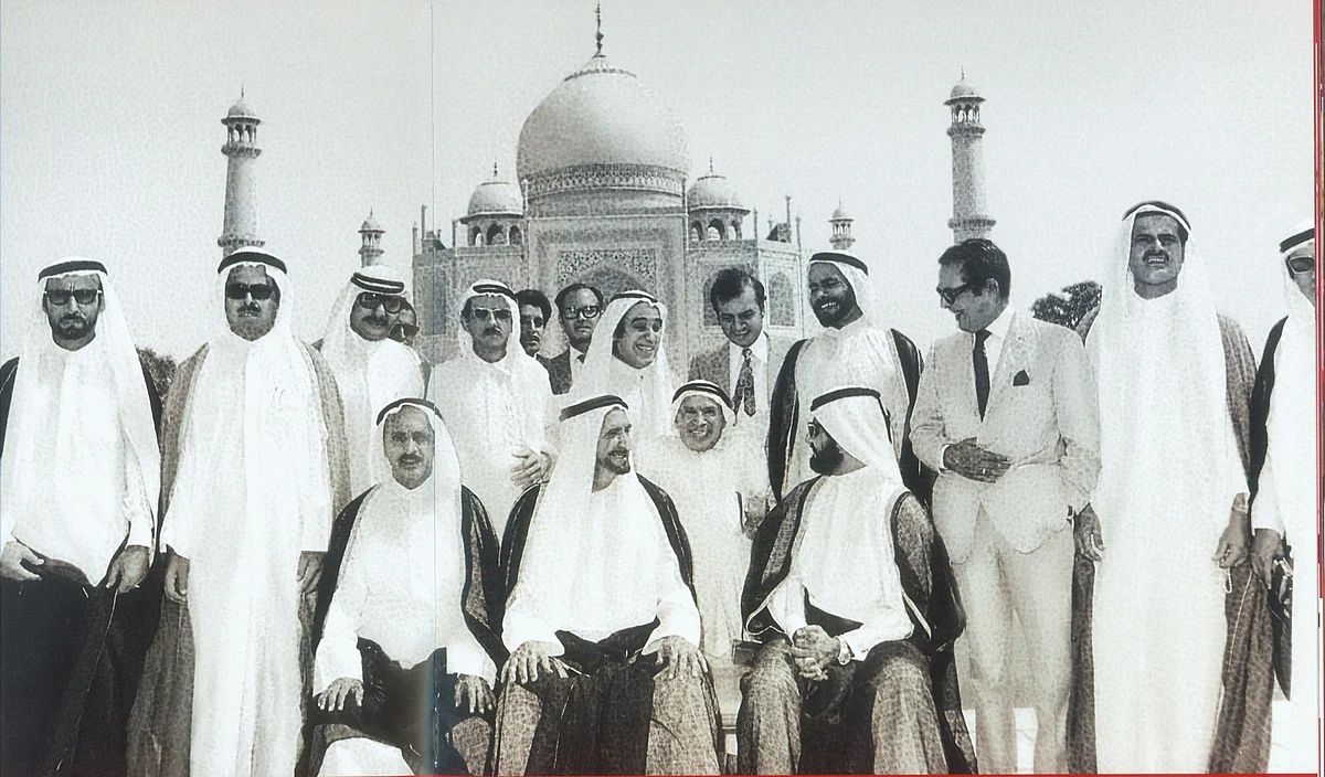 Sheikh Rashid bin Saeed Al Maktoum, and seated on his left Sheikh Mohammed bin Rashid Al Maktoum, along with his delegation photographed in front of the Taj Mahal in Agra on June 16, 1974. KT File Photo