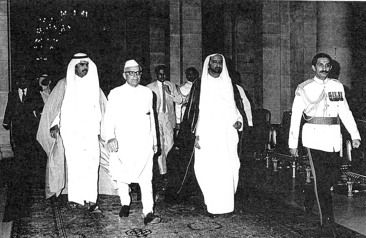 Sheikh Rashid at the Rashtrapati Bhavan (President's house) during his visit to India in 1974. KT File Photo