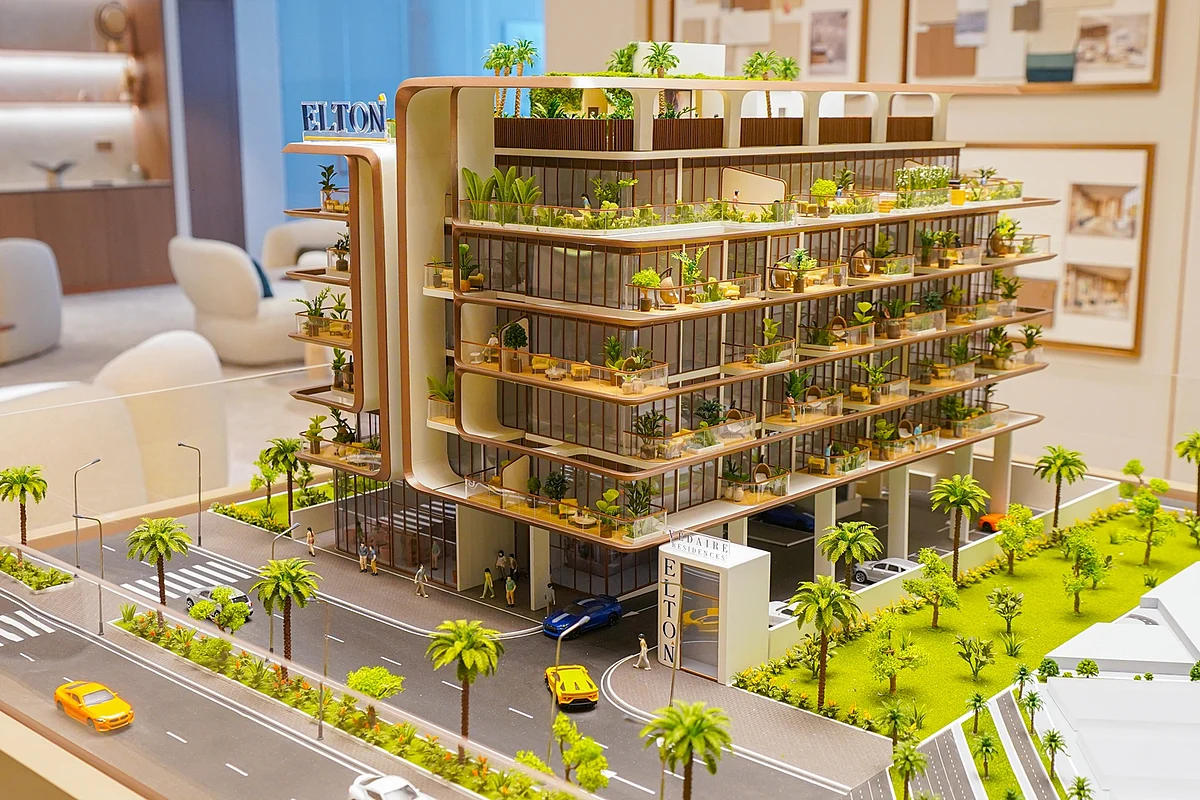 A scale model of Védaire Residences, a boutique luxury development located in the heart of Meydan Avenue