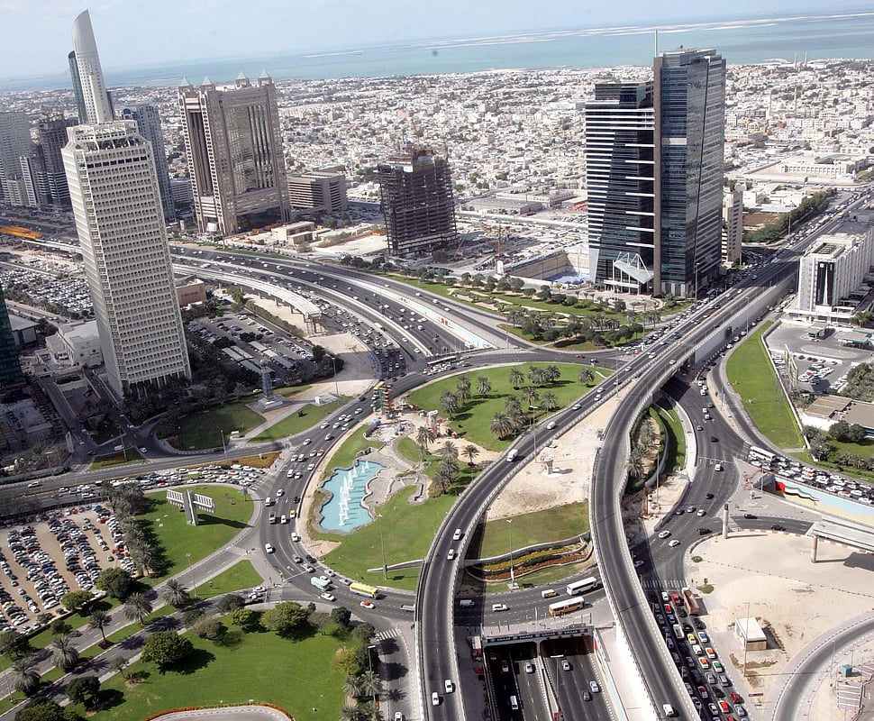 This aerial view captures the water fountain and the smooth flow of traffic around the roundabout. KT File Photo: Mukesh Kamal