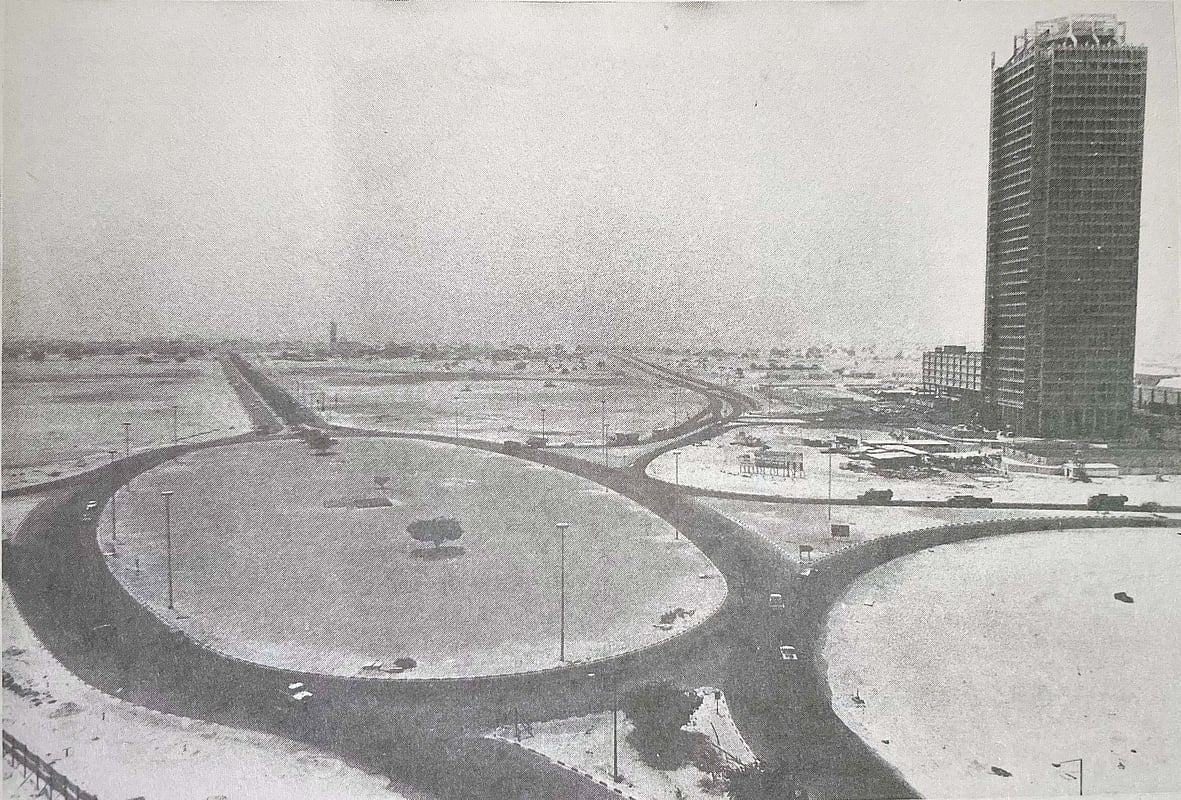 An aerial view of Dubai’s largest roundabout in 1980, located near the city’s tallest building at the time — the World Trade Centre. Photo: KT File