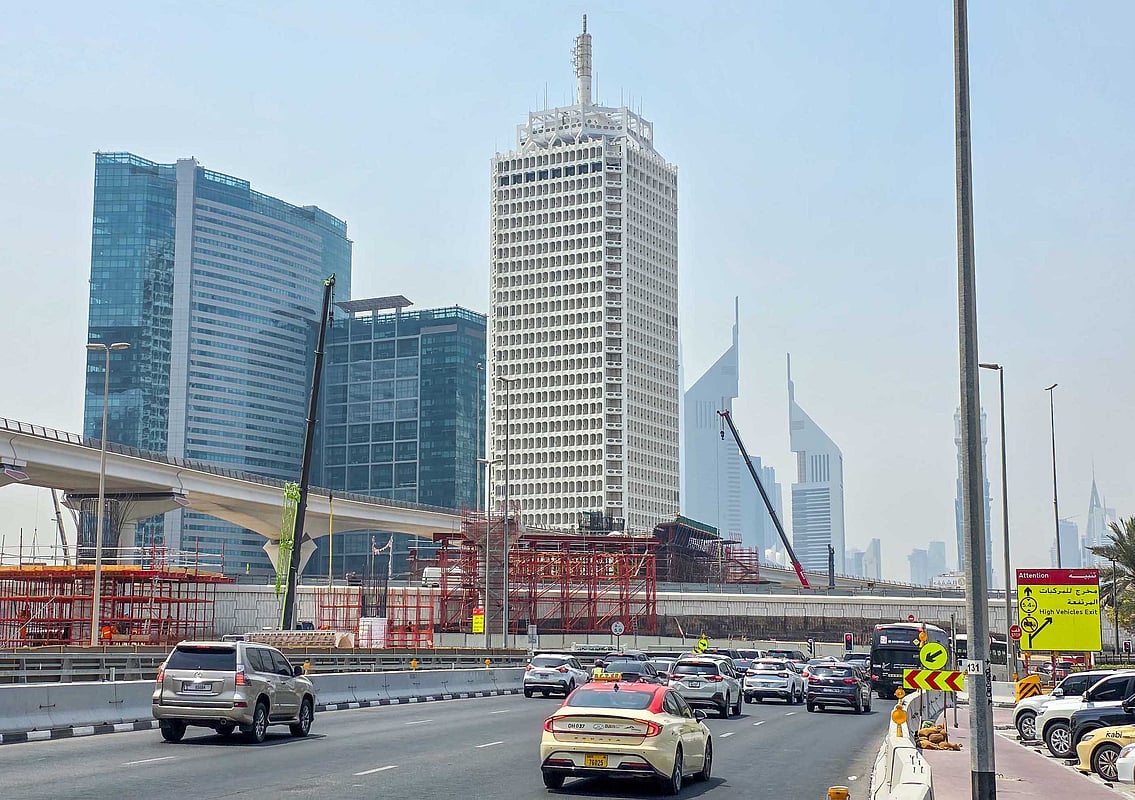 14 August 2025: A view of the Trade Centre Roundabout with new flyovers under construction to improve traffic flow. KT Photo: Muhammad Sajjad