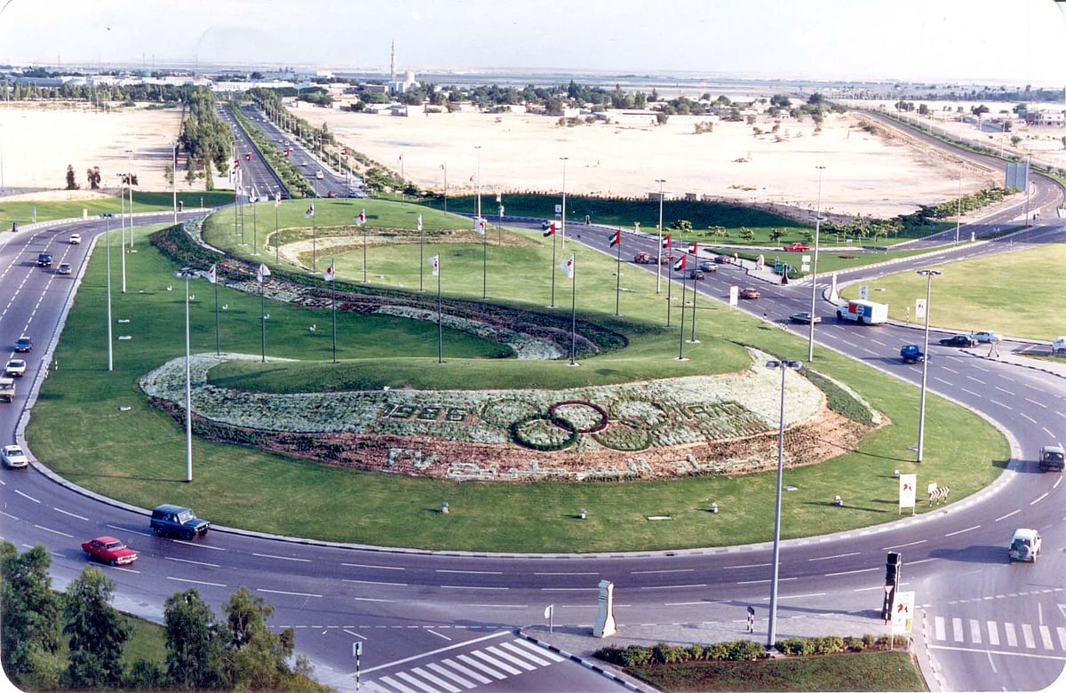 The Iconic 1986 Olympic logo decorates Dubai World Trade Centre roundabout. Photo: KT File