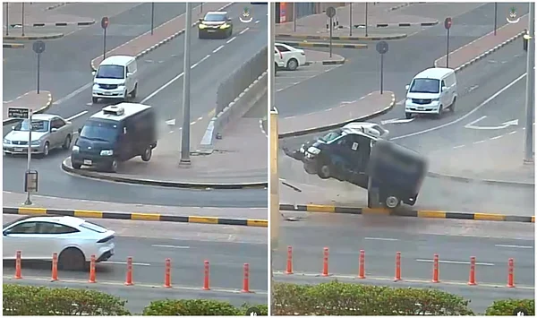 Watch: Distracted driver causes van to go off road, crash into traffic sign  in Sharjah | Khaleej Times