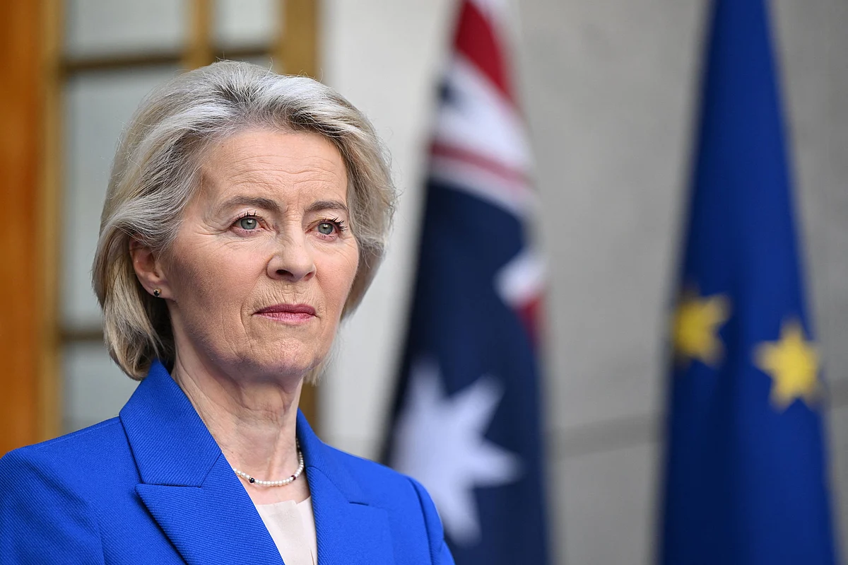 President of the European Commission Ursula von der Leyen reacts during a press conference at Parliament House in Canberra, Australia, March 24, 2026. Lukas Coch/AAP/via REUTERS    ATTENTION EDITORS - THIS IMAGE WAS PROVIDED BY A THIRD PARTY. NO RESALES. NO ARCHIVE. AUSTRALIA OUT. NEW ZEALAND OUT. NO COMMERCIAL OR EDITORIAL SALES IN NEW ZEALAND. NO COMMERCIAL OR EDITORIAL SALES IN AUSTRALIA.