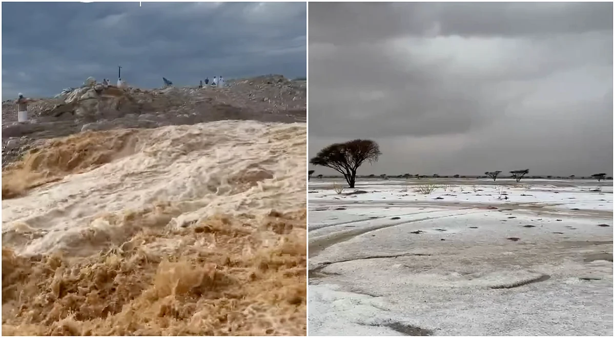 Watch: Wadis overflow, hail blankets desert as heavy rains, thunderstorms hit UAE