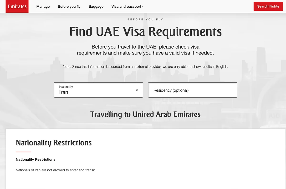 Screenshot of Emirates website showing restriction for Iranian nationals