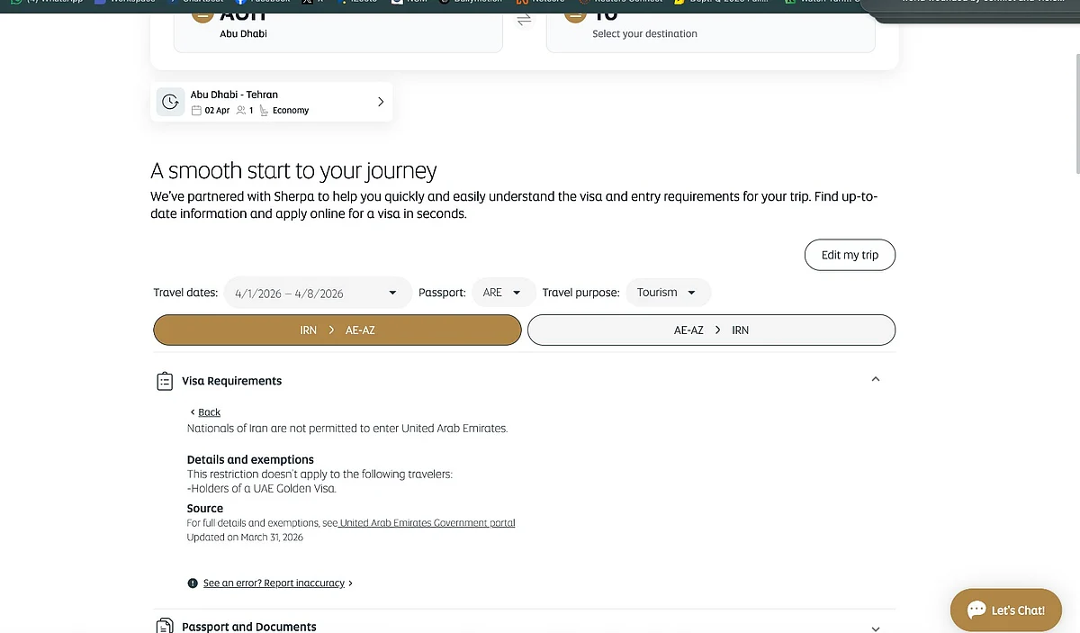 Screenshot from Etihad Airways website