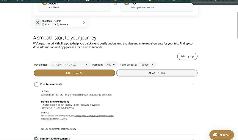 Screenshot from Etihad Airways website