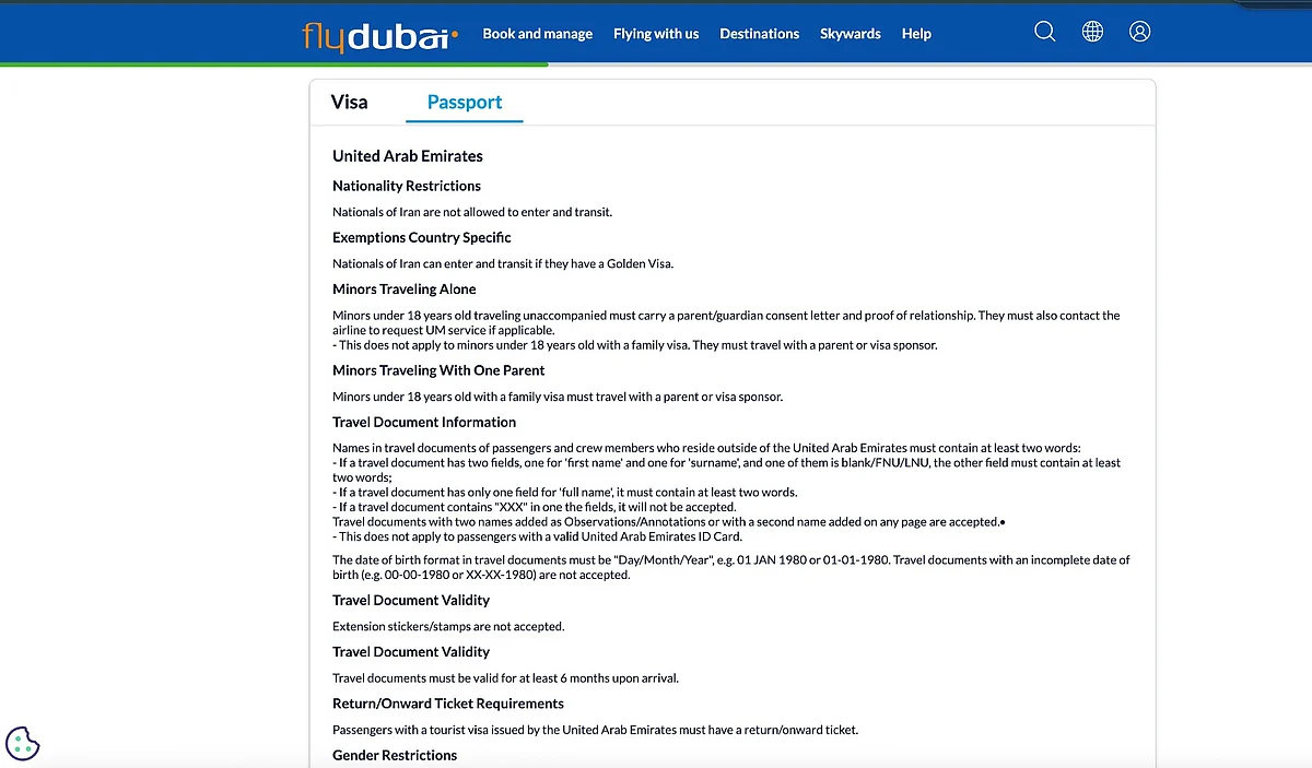 Screenshot from flydubai website
