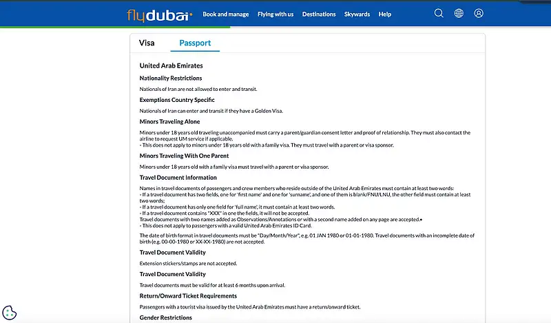 Screenshot from flydubai website