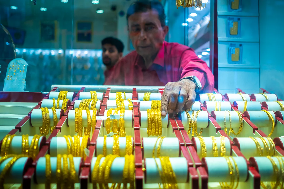Gold jewellery displayed in a retail environment