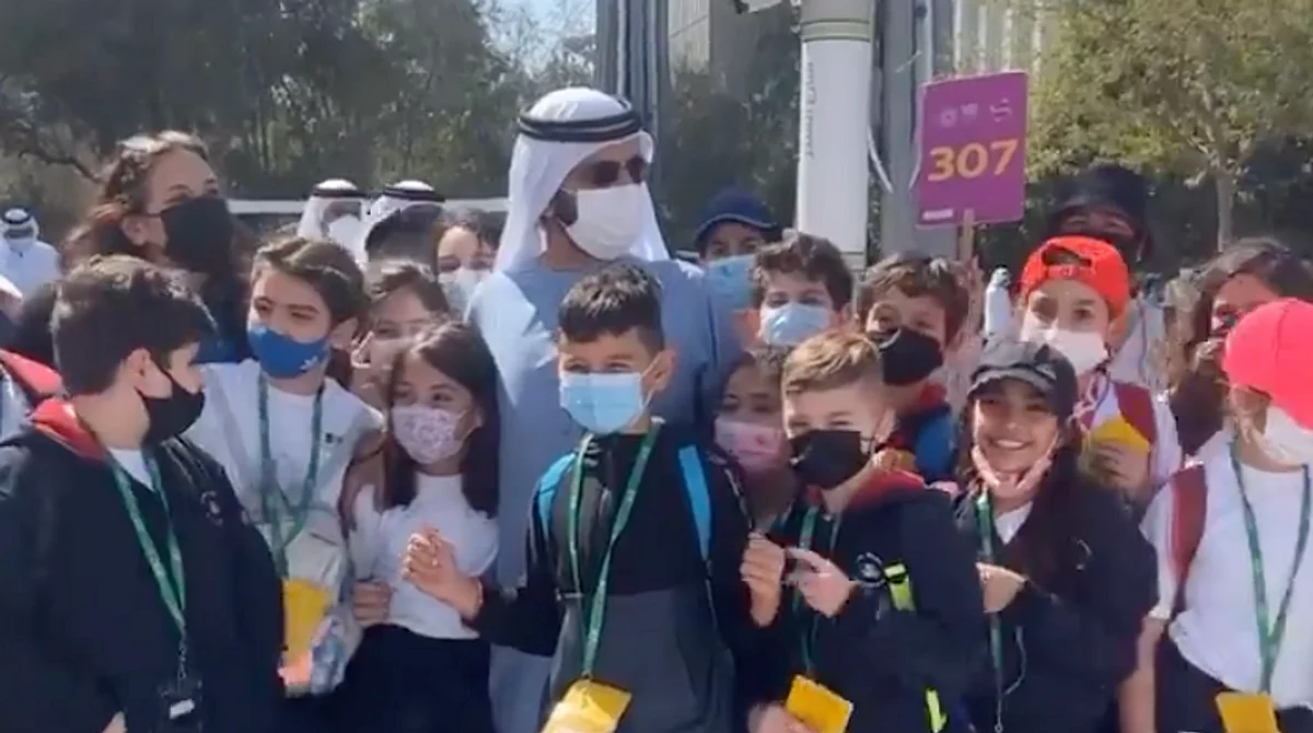 Watch: Sheikh Mohammed stops for quick photo with school children at Expo 2020 Dubai