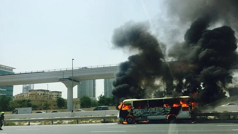 Photos: Minibus catches fire on Sheikh Zayed Road in Dubai | Khaleej Times