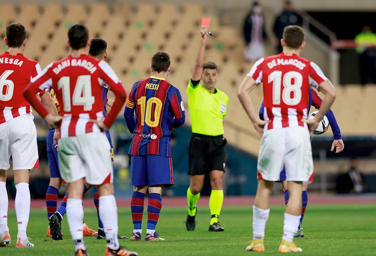 Messi shown first red card of Barcelona career after lashing out in ...